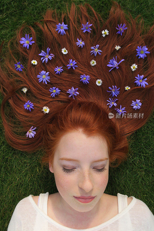 上图是一个14 / 15岁的红发少女，皮肤苍白，脸上有雀斑，她躺在草地上，闭着眼睛，头发散布在头上，装饰着白色的雏菊和紫色的花